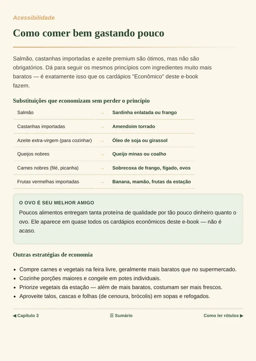 Página Como comer bem gastando pouco, com tabela de substituições mais baratas