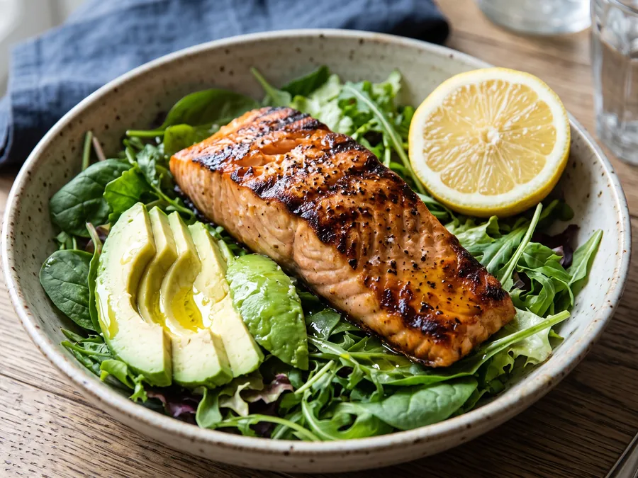 Bowl com folhas verdes, salmão grelhado e fatias de abacate, com limão