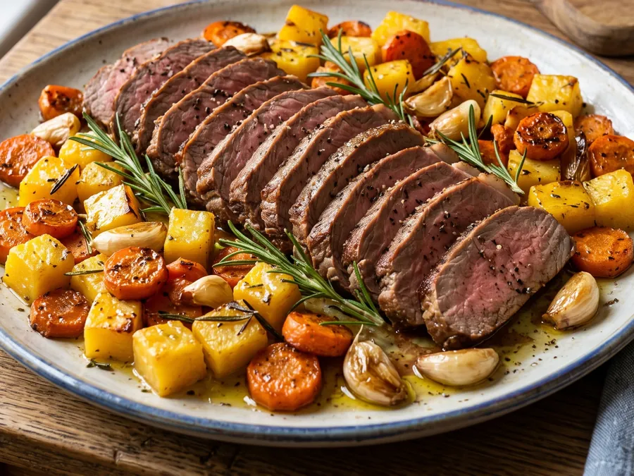 Carne assada fatiada com cenoura e mandioquinha assadas e alecrim